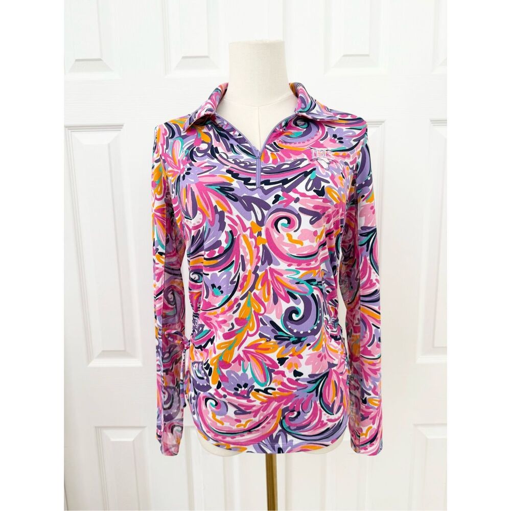 Ibkul Adjustable Length Polo Tie Side Pink Plum Floral Aubrey Zip Sun Shirt S